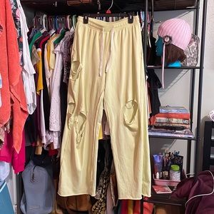 Urban Outfitters Pale Neon Yellow Distressed Sweatpants Size L Drawstring ☀️